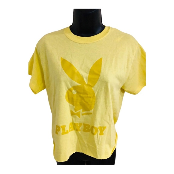 PLAYBOY Tops - playboy‎ yellow slightly crop raglan hem iconic playboy logo t-shirt size small